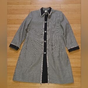 Vintage Harve Bernard Black & Cream & Green Tweed Coat with Fringe Trim